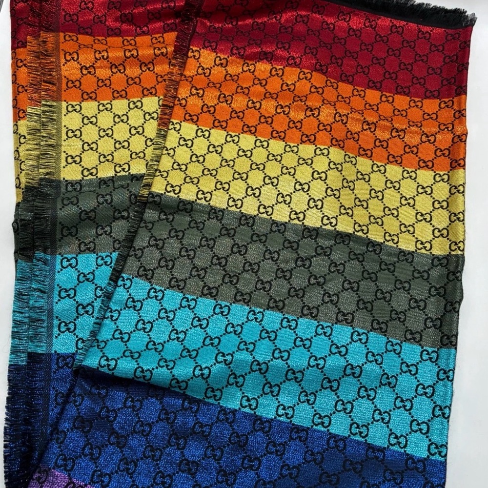 Gucci Multicolor GG Monogram Print Glitter Accent Fringe Scarf